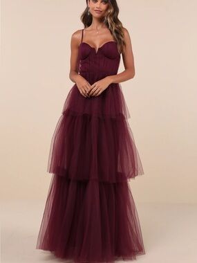 New Lulu's Unforgettable Poise Burgundy Tiered Tulle Maxi Dress Sz XL